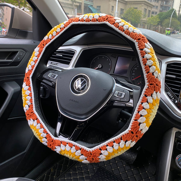 Handmade Crochet Steering Wheel Cover Rainbow Sunflower Granny Square Car Accessories Decor Safe Belt Cover
