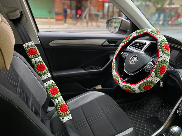 Handmade Crochet Steering Wheel Cover Christmas Granny Square Car Accessories Decor Safe Belt Cover