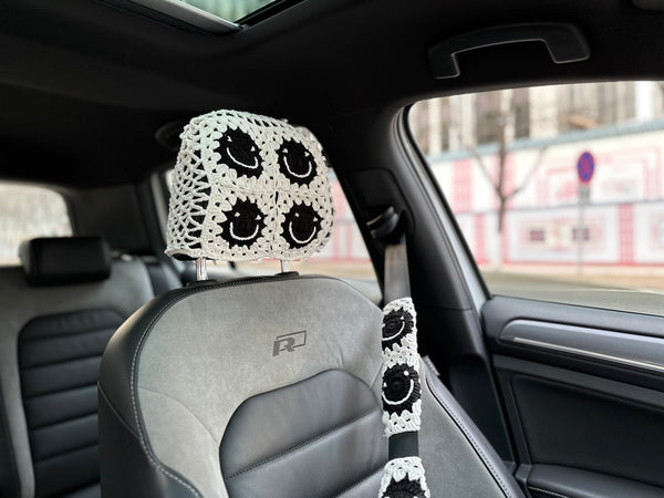 White Smile Car Steering Wheel Cover, Handmade Crochet Smile Seat Belt Cover, Smile Headrest Cover, Car Decoration Seat Belt Cover