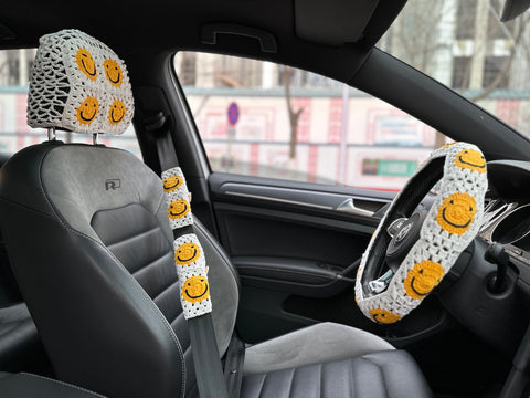 White Smile Car Steering Wheel Cover, Handmade Crochet Smile Seat Belt Cover, Smile Headrest Cover, Car Decoration Seat Belt Cover