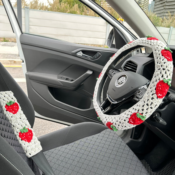 White Strawberry Crochet car steering wheel cover, Steering wheel cover,Strawberry seat belt Cover,Cute Steering Wheel Cover,Car Accessories