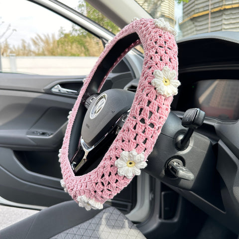 Pink Flower car steering wheel cover,Flower design,Steering wheel cover,Seat belt Cover,Woman Car Accessories,New car gifts