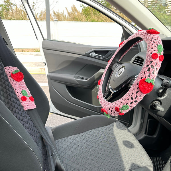 Pink strawberries and cherriescar steering wheel cover,Pink strawberries and cherries design,Steering wheel cover,Woman Car Accessories