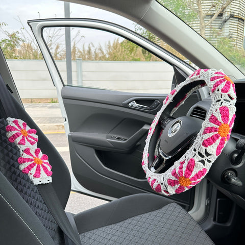 Women's steering wheel cover, Crochet cute flower seat belt cover,Cute car accessories decoration,Car accessories,New Car Gifts,Gift for her