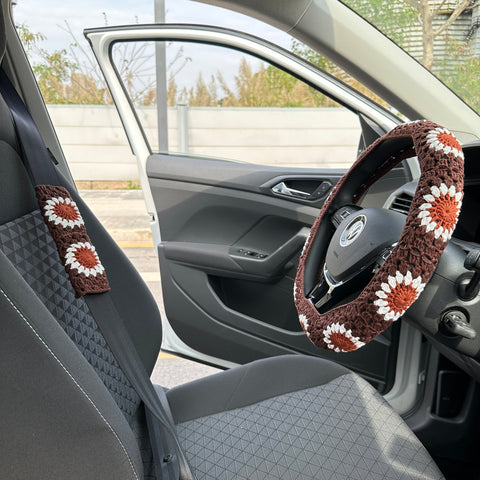 Handmade crochet Steering Wheel Cover for women,Cute Flower seat belt Cover,Car interior Accessories decorations,New Car Gift