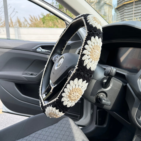 Black crochet flower car steering wheel cover/Car steering wheel cover/Seat belt cover/Car accessories/Gift for her/ Mother's day Gift