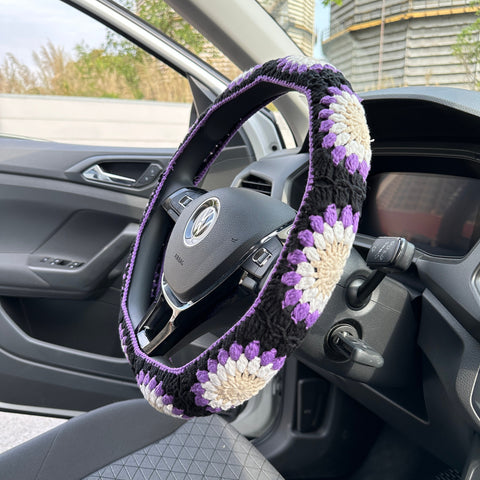 Handmade crochet Steering Wheel Cover for women, Cute pink flower seat belt Cover, Car interior Accessories decorations