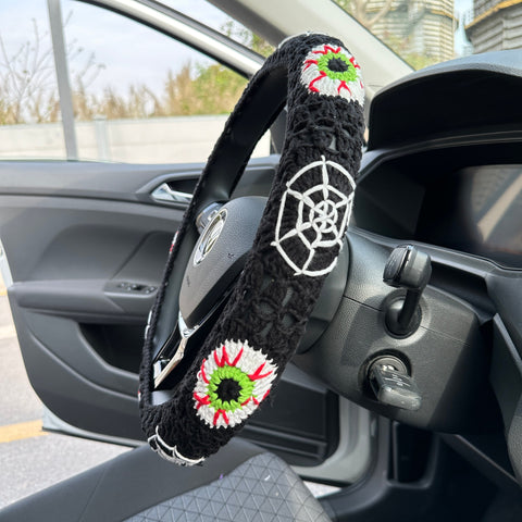 Third Eye Granny and Spider Web Steering Wheel Cover, Spider Web seat belt Cover, Car interior Accessories decorations,Halloween Gifts