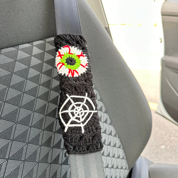 Third Eye Granny and Spider Web Steering Wheel Cover, Spider Web seat belt Cover, Car interior Accessories decorations,Halloween Gifts