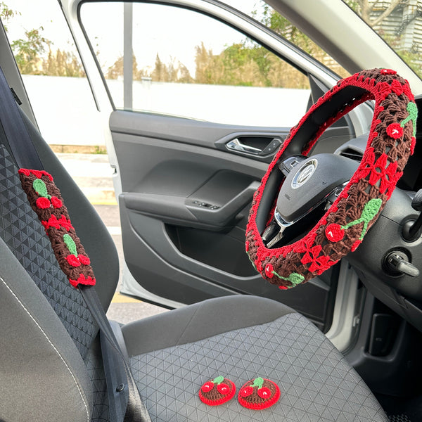 Cherry car steering wheel cover, Hand crochet steering wheel cover, Car interior Accessories decorations,New car gift