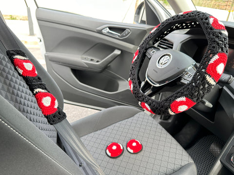 Crochet Black Car Steering Wheel Cover,Handmade Steering Wheel Cover,Seat belt Cover,Cute Steering Wheel Cover,Car Accessories For Woman