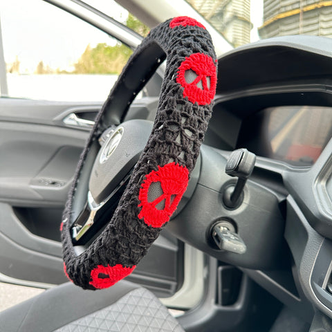 Red skull car steering wheel cover, Hand crochet car steering wheel,Car Decoration,Steering wheel cover,Skull Seat belt Cover, Gift for her