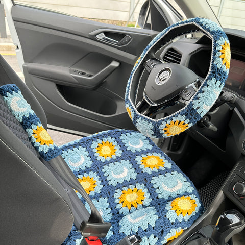 Blue sun and moon car steering wheel cover,crochet sun and moon car seat cover, car decoration, new car gift, gift for her