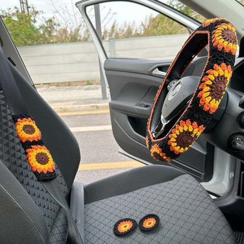 Crochet Steering Wheel Cover,Steering Wheel Cover,Sunflower Crochet Seat Belt Cover,Cute Steering Wheel Cover,Car accessories,Mother's Day