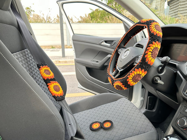 Crochet Steering Wheel Cover,Steering Wheel Cover,Sunflower Crochet Seat Belt Cover,Cute Steering Wheel Cover,Car accessories,Mother's Day