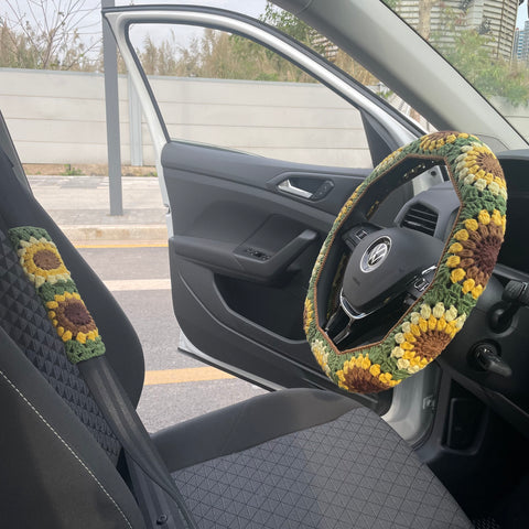 Handmade Sunflower Steering Wheel Cover,Crochet Steering Wheel Cover,Flower seat belt Cover,Cute Wheel Cover,Car Accessories,Mother's Day