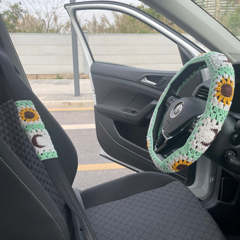 Sun and moon car steering wheel cover,Crochet car seat cover,Car decoration,New car gift,Gift for her,Car Accessories for Women,Mother's Day