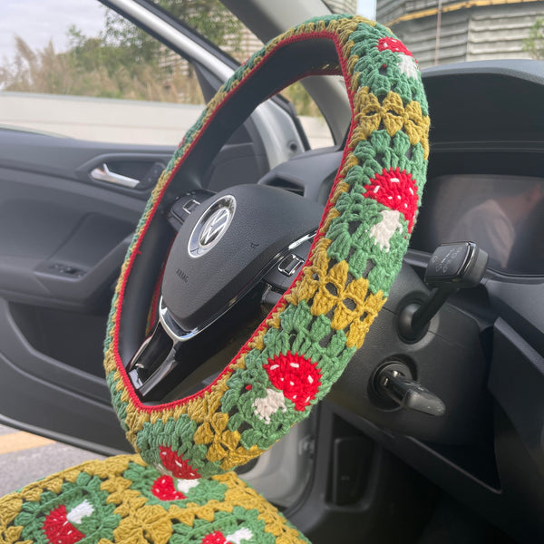 Crochet Mushroom Steering Wheel Cover/Car wheel cover/ Handmade crochet /Cute steering wheel cover /New car AccessoriesMother's Day Gifts