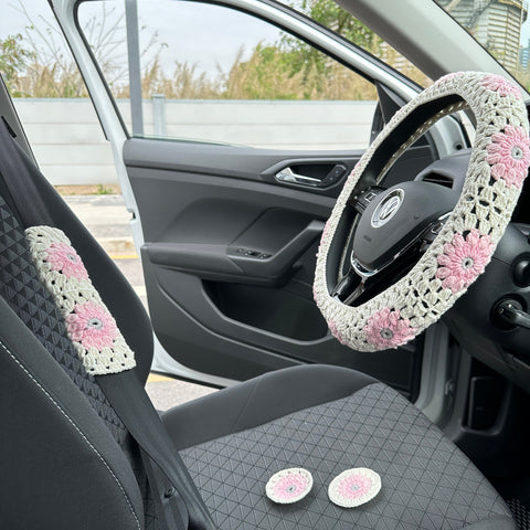 Pink Crochet Flower car steering wheel cover, Steering wheel cover,Pink seat belt Cover,Cute Steering Wheel Cover,Woman Car Accessories