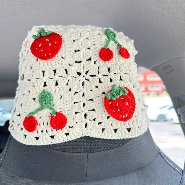 White strawberry and cherry crochet car steering wheel cover,Strawberries and Cherries design,Steering wheel cover,Car Accessories,Gifts