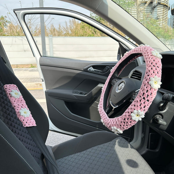 Pink Flower car steering wheel cover,Flower design,Steering wheel cover,Seat belt Cover,Woman Car Accessories,New car gifts