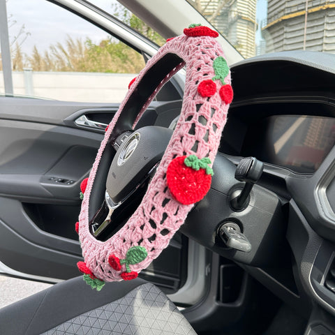 Pink strawberries and cherriescar steering wheel cover,Pink strawberries and cherries design,Steering wheel cover,Woman Car Accessories