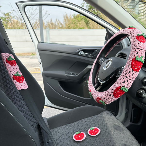 Strawberry Crochet Car Steering Wheel Cover,Strawberries design,Steering wheel cover,Woman Car Accessories,New Car Gifts