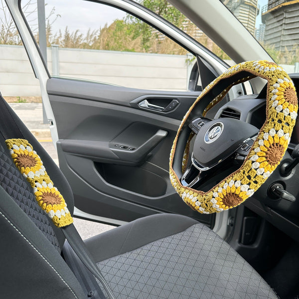 Sunflower Crochet car steering wheel cover,Sunflower design,Steering wheel cover,Seat belt Cover,Car Accessories,Car decoration