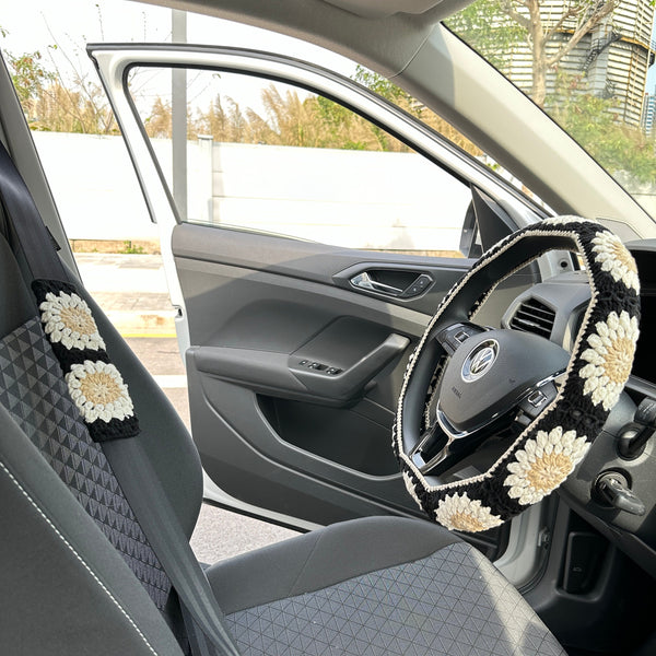 Black crochet flower car steering wheel cover/Car steering wheel cover/Seat belt cover/Car accessories/Gift for her/ Mother's day Gift
