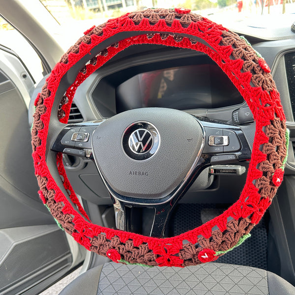 Cherry car steering wheel cover, Hand crochet steering wheel cover, Car interior Accessories decorations,New car gift