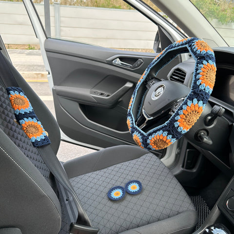 Handmade crochet blue car steering wheel cover, car decoration,unisex, floral car steering wheel cover, seat belt cover, gift for her