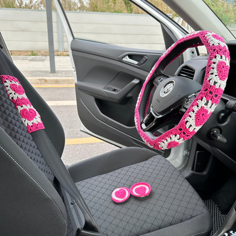 Pink love heart-shaped car steering wheel cover,crochet car steering wheel cover,cute heart car accessories,Gift for her,Mother's Day Gifts