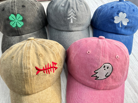 Embroidered Baseball Cap,DALIX Ghost Baseball Cap ,4 Four leaf clover hat,Embroidery hat,Unisex vintage washed denim baseball cap